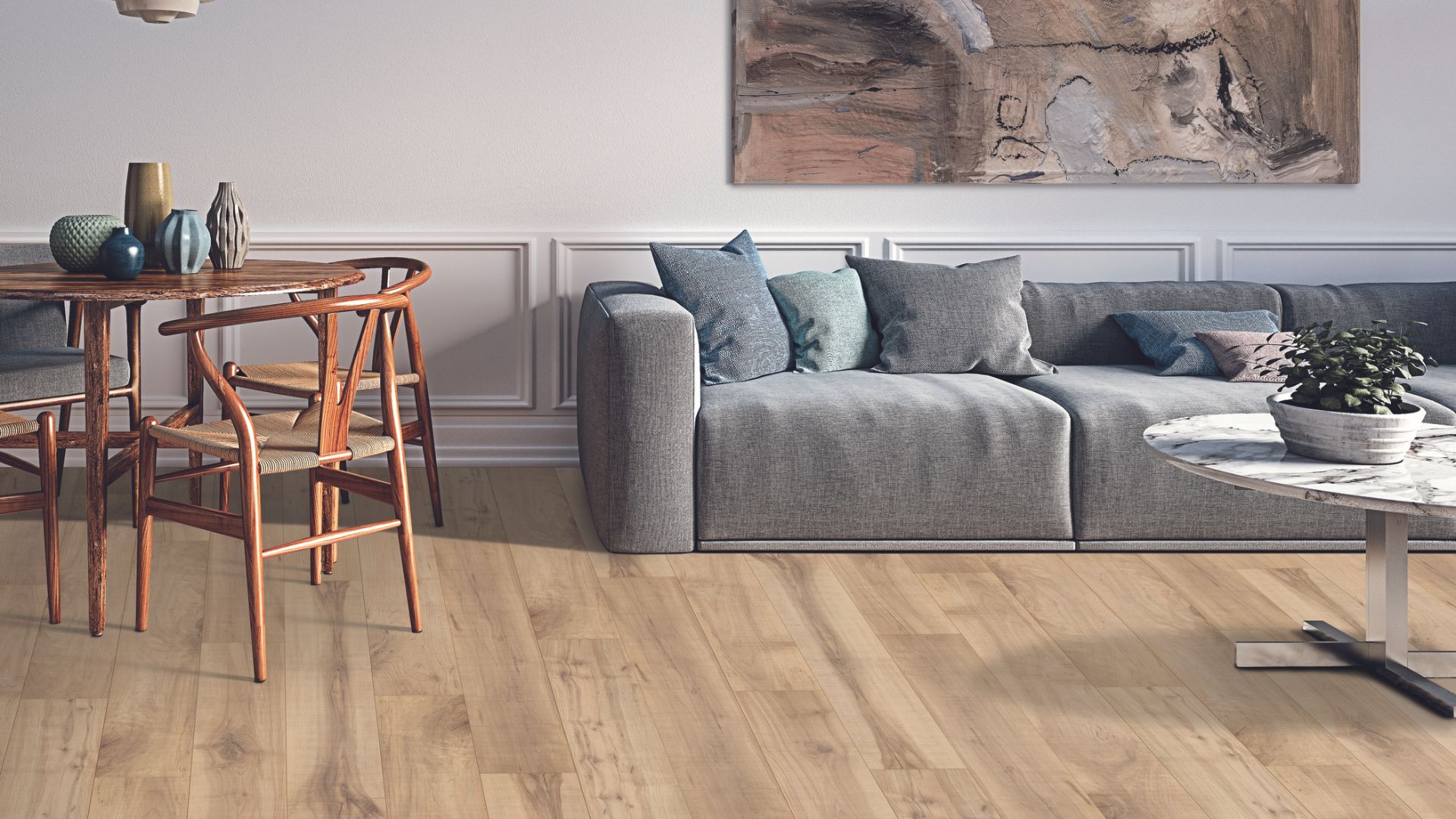 Laminate wood flooring in a living room.